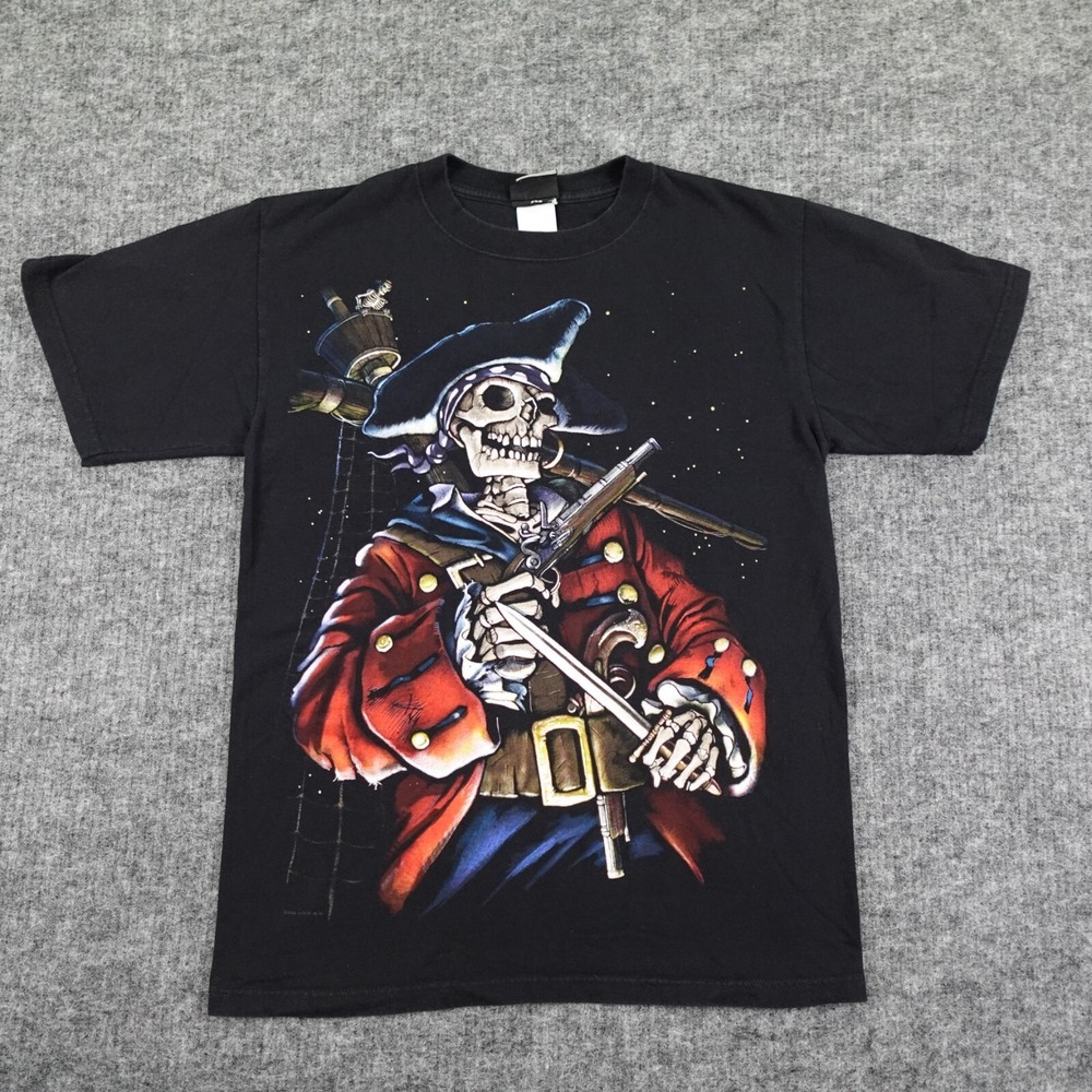 Vintage Liquid Blue T-Shirt Adult Medium Black Dead‎ Skeleton Pirate Y2K 2000's - Picture 2 of 10